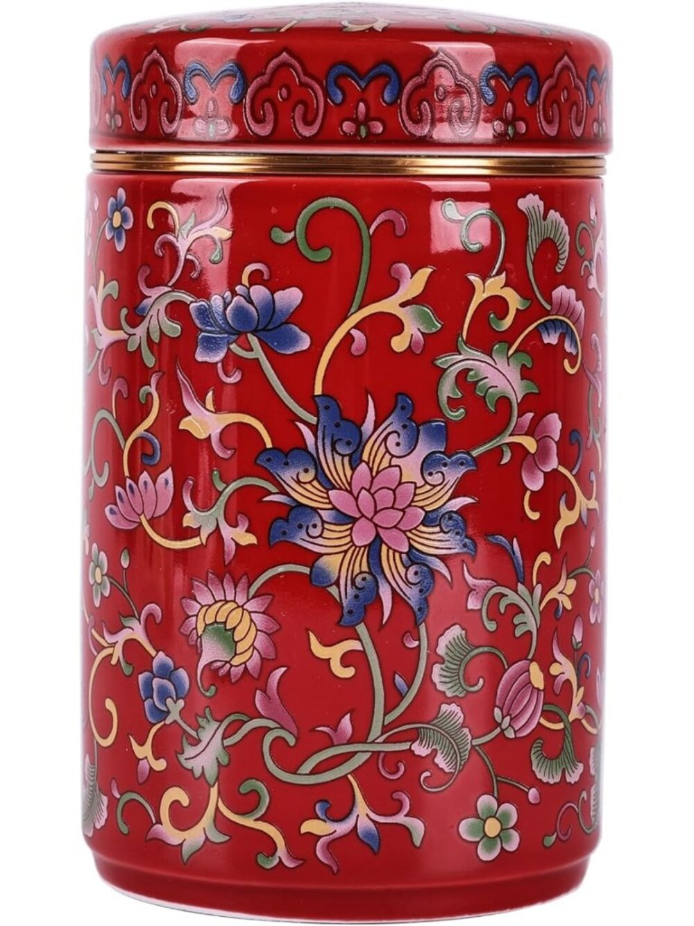 Chinoiserie Enamel Ginger Jar with Twist Lid - Blue & White Porcelain Decor, Red